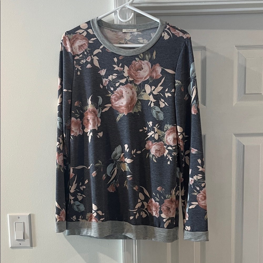12 Pm By Mon Ami Floral Long Sleeve Top - Dark Gray and Pink